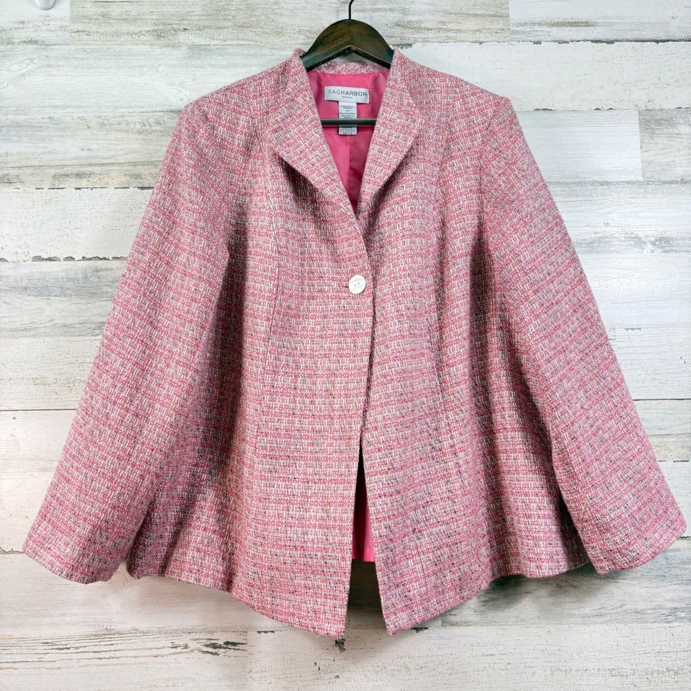 Sag Harbor Woman Pink Tweed Single Button Swing Blazer Jacket 16W Classic Office